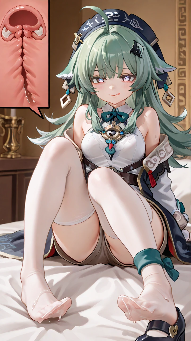 FaunaBase, mole under eye, antlers, long hair, braided bangs, hair flowers, blue ribbon, two-tone dress, blue dress, white dress, high-low skirt, single thighhigh, white thighhighss,,,aged up,,,,(masterpiece),(best quality),(ultra-detailed),(best illustration),(best shadow),(absurdres),(detailed eyes),(very aesthetic),1girl,dim lighting,in bedroom,horny,in heat,,heavy breath,shiny skin,sweat,,,,torn thighhighs,, cowgirl position,penetration,1boy,vaginal,looking at viewer,,happy,from below,fog,steam,pov,ohogao, teary-eyed, drool, half-closed eyes,(bouncing breasts:1.3),