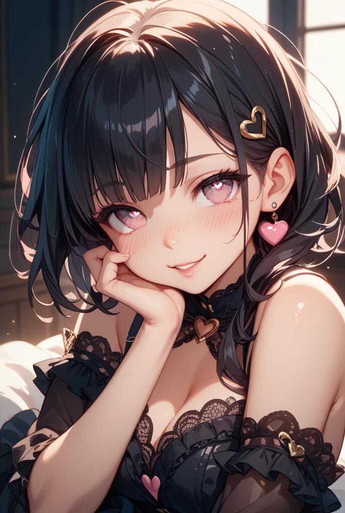 lie on one’s back,glowing stick,Licking the stick,open mouth,tongue out,cum on tongue,1girl,((((())))),(((((Short,))))),slender,small breasts ,front face,from front,front view,looking at viewer, looking ahead,(from above:2.0),upper body,Black Hair,Twin tails,Gray Eyes,Drooping eyes,slit pupils,narrow eyes.Mischievous smile,Sheer black and pink negligee,Sexy Lingerie,Collar with leash,Dimly lit room,On the bed,Dim lighting,Beautiful and detailed anime art