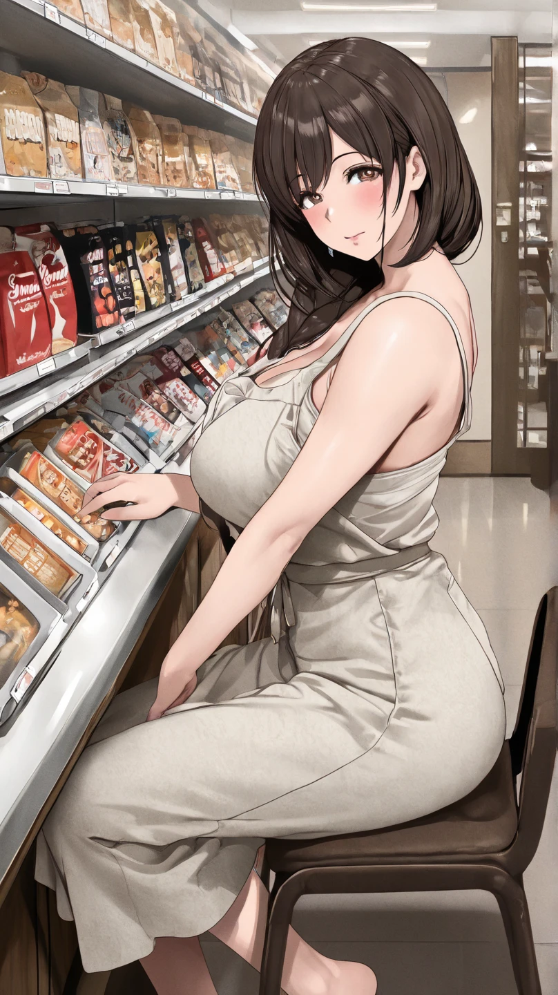 mature Beauty in casual wears at midnight convenience store, standing with beer can