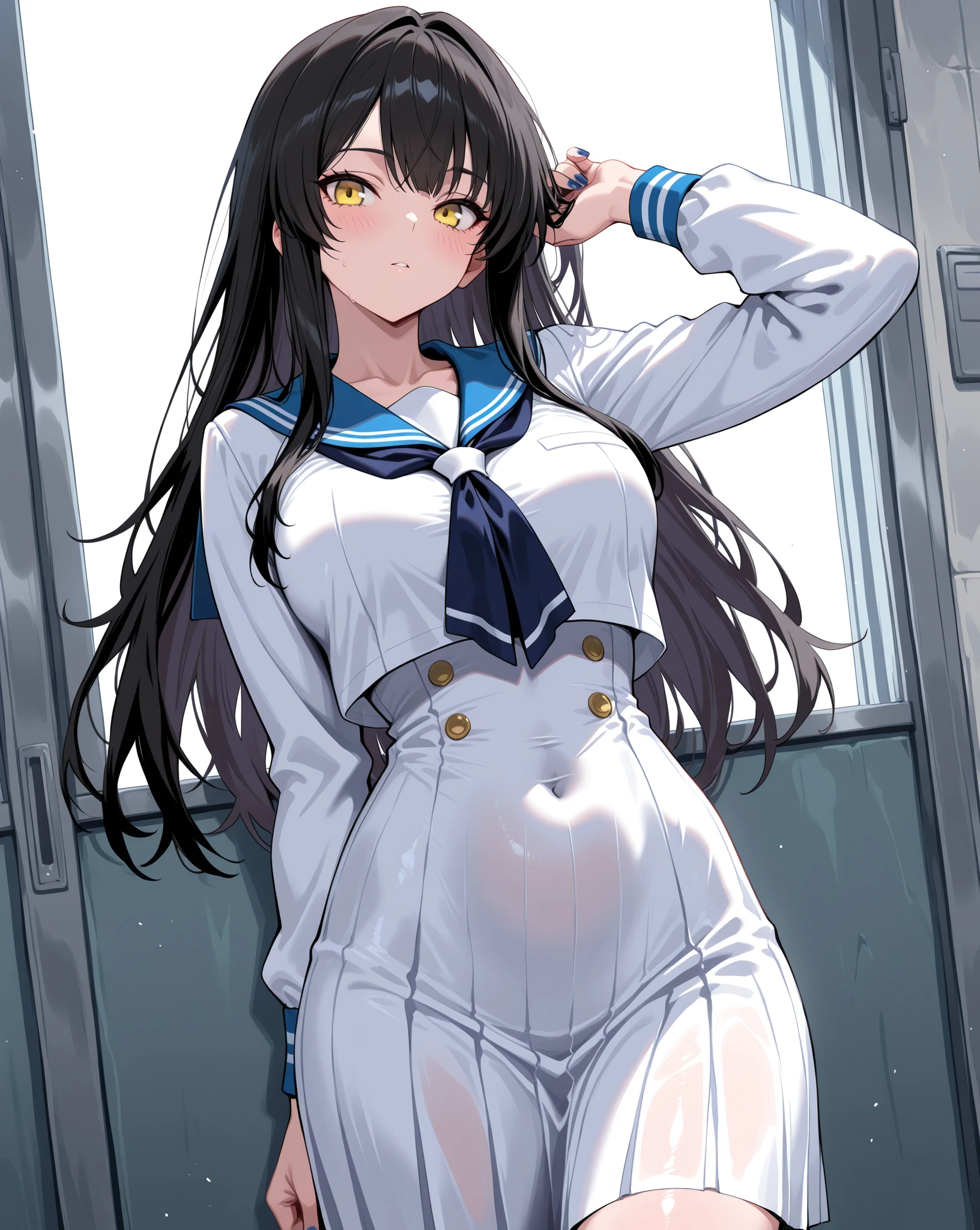 (masterpiece, best quality), 1 girl, National Science Foundation, uniform, Shy, show off, split, underwear,, see through