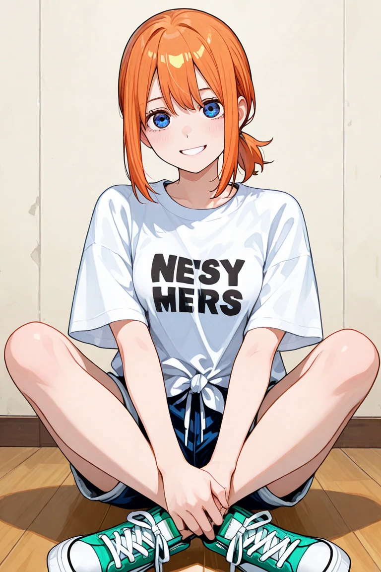 Adult female, long orange hair, messy hair, perfect eyes, perfect silver irises, perfect pupils, freckles baggy shirt, shorts, messy bedroom, otaku bedroom, highly detailed, best detail, best hands