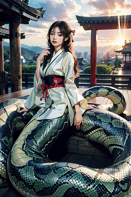 beautiful Standing back Aoi woman Woman riding a dragon Japanese clothing Emerald green mysterious Fantasy