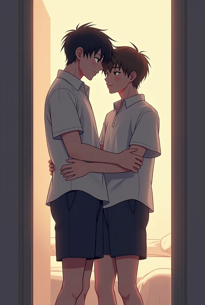 beautiful face,Shota , Completely naked,male couple , Two boys, child, boy showing naked body,front view , standing, , Full body picture,Hug each other , indoor,  Blushing, 
