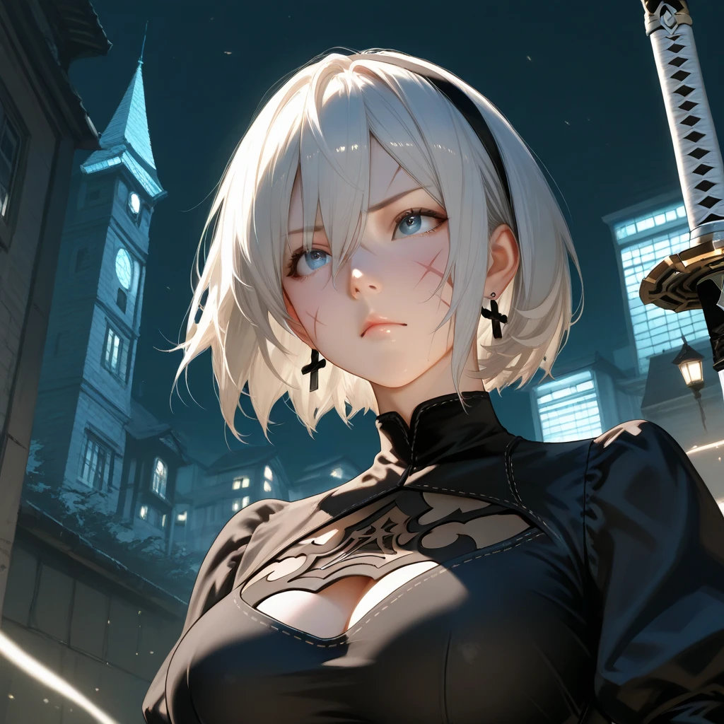 Score_9, score_8_up, score_7_up, real source, ultra-high definition quality, fine details, sun, lens flare, backlighting, holy light, one girl, 2B (Nier: Automata) solo, two breasts, short hair, dress, bare shoulders, medium breasts, closed mouth, upper body.Body posture: standing straight with shoulders raised, feet slightly apart, and weight evenly distributed on both feet.Arms and hands: hands relaxed at the sides or one hand on the hip.Head and gaze: head directed straight at the camera with a slight forward tilt, focused and confident gaze, white hair, fox ears matching white hair, sleeveless, blurry, black dress, lips, slightly mysterious and seductive smile, wet clothes, depth of field, blurred background, high collar, wet clothes, facing the viewer, rain, bright red sparkling eyes (like stars), street, city, people.