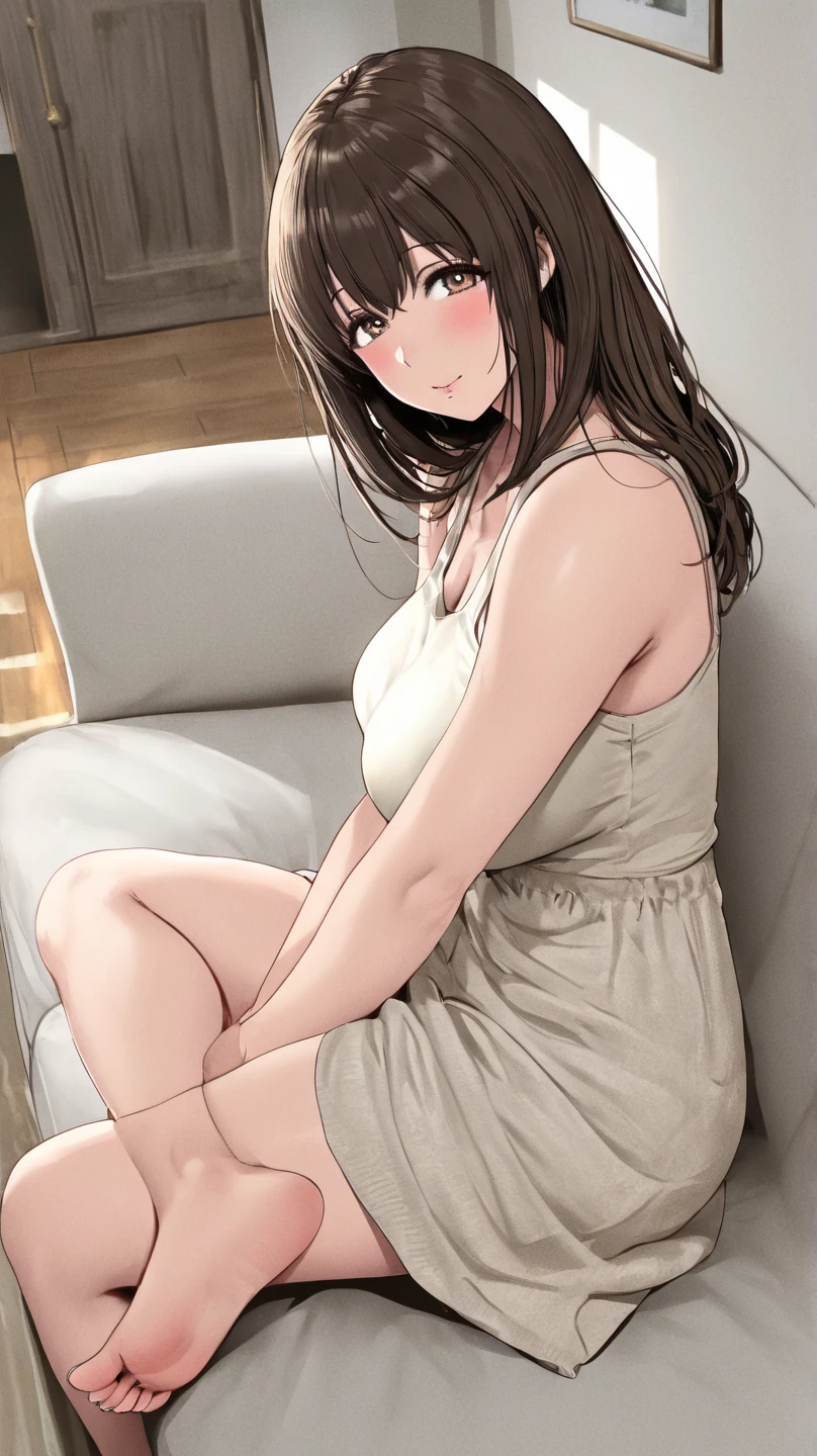 a 23 years old brunette woman wearing a black sleepmask as a blindfold and a black spaghetti top,  calm smile, freckles, sitting barefoot legs crossed in a bed.