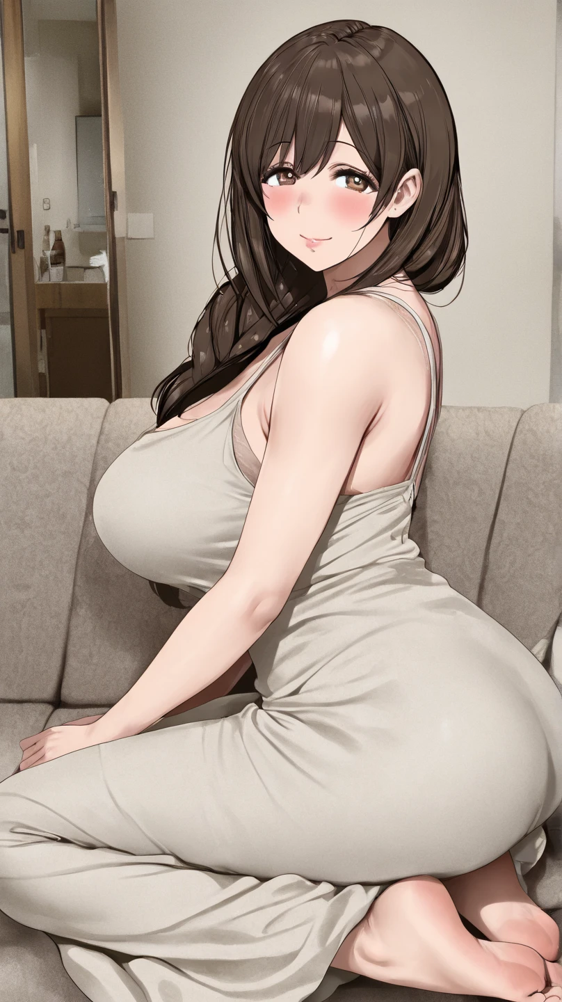 masterpiece, best quality, extremely detail 8k cg, high resolution, 1girl, kurenai yuhi, black hair, red eyes, slim body, huge breasts, bursting breasts, black tee shirt dress, sleeveless, cleavage, seductive face, indoors, bedroom, beautiful face, full shot photo