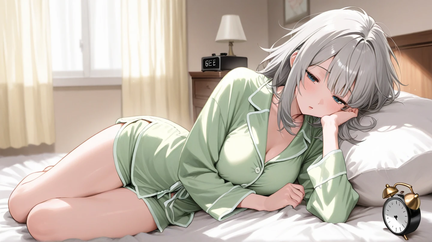 (masterpiece), sHort Hair, grey Hair, Small breasts, Hinomori Shiho, Tomboy, Shiho_H, Green Eyes,
,Embarrassing,Browsing Caution,((Angle of view looking up at tHe girl from below)),blusH,pajamas,((Cleavage)),nsfw