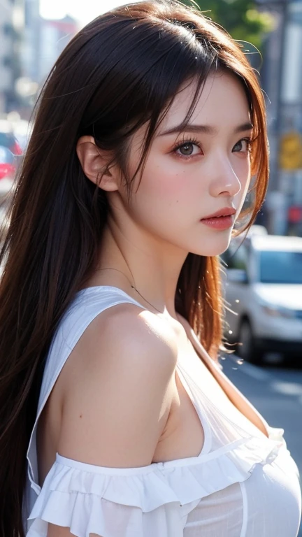 1 girl , big long hair, Bun hairstyle, Upper Body, Close-up photo, facing the camera, D cup breasts, There is a round protrusion on the chest, angry, Disdain, rain , Street View.