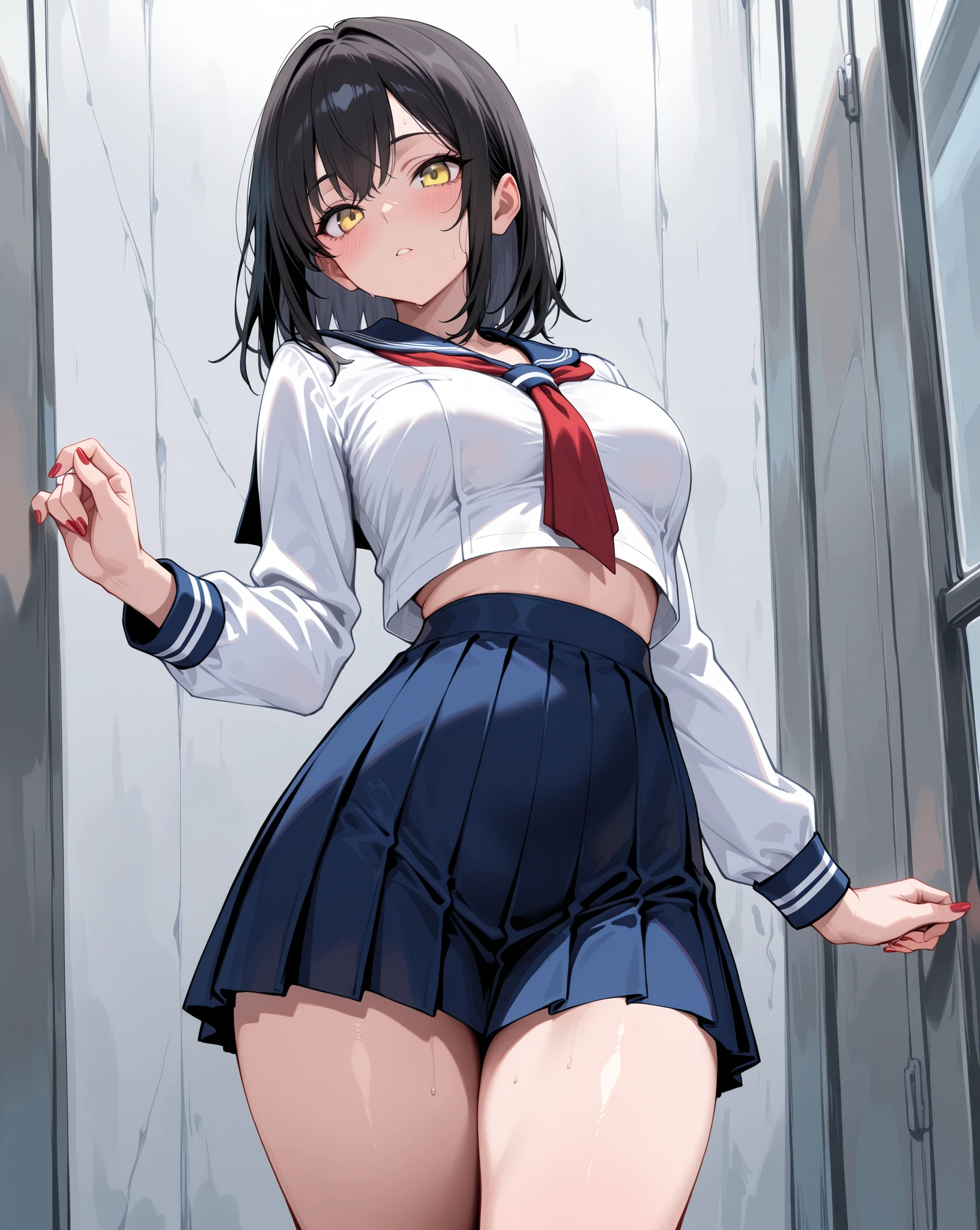 NSFW, 1 woman, 15 years old, ((wolfcut haircut)), black eyes, Indonesian high-school uniform, wet white shirt, osis logo on shirt pocket, flat breasts, wet grey pleated skirt, half-shot, innocent look, hands up, sitting, knees up, white panties, spread legs