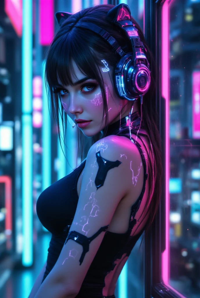 official art, unity 8k wallpaper, ultra detailed, beautiful and aesthetic, masterpiece, best quality, 1girl, extremely detailed, dynamic angle, elegant, atmospheric, ecstasy of life, mechanical arm, neon lights, leather pants