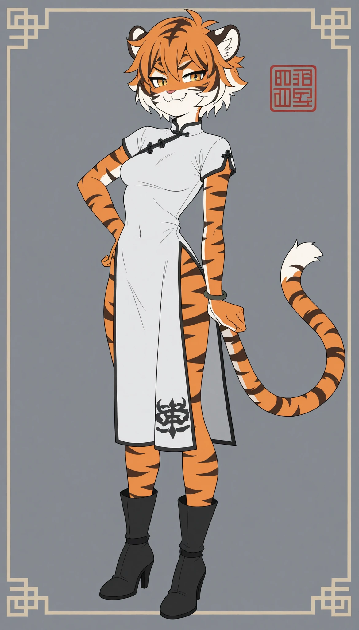 high-quality photos ,very detailed illustration, high-quality photos ,very detailed illustration, (anthro tiger girl:1,7), ears and tail ,chinese clothes, smug , female, (short hair :1,7), slender, Perfect body, Artifyber style , pastel flat colors, dnd