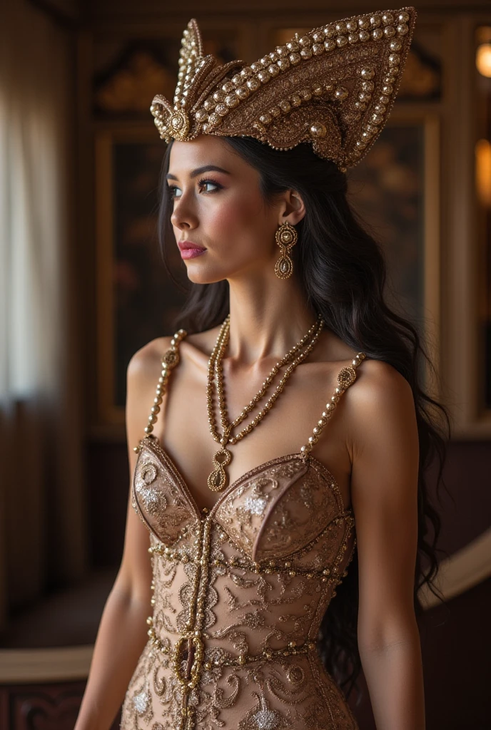A young woman Goddess Athena with porcelain-like skin and a serene, contemplative expression, evoking the style of classical portrait paintings. She is adorned with an elaborate headdress made of fabric, possibly silk, with rich patterns and textures. Multiple strands of pearls around her neck enhance her noble or aristocratic portrayal. The intricacy of the attire is complemented by soft lighting.