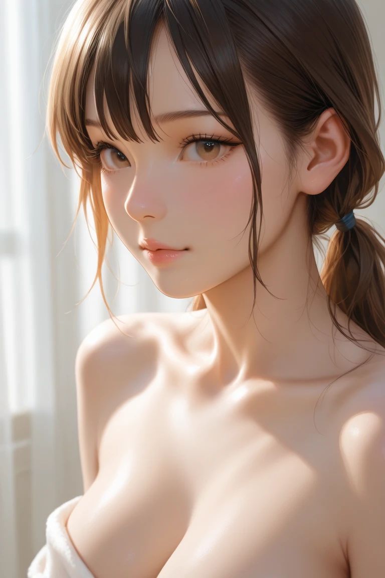 (((Masterpiece))), (((portrait))), Kujou Sara, diffused light, dynamic shadows, sharp focus, realistic, detailed, highres, absurdres, white background, no bra, photorealistic, lifelike, wet, mascara, blushing, sleeveless, youthful appearance, pee stain, white panties, (((side))), (((nudist))), (((ponytail)))
