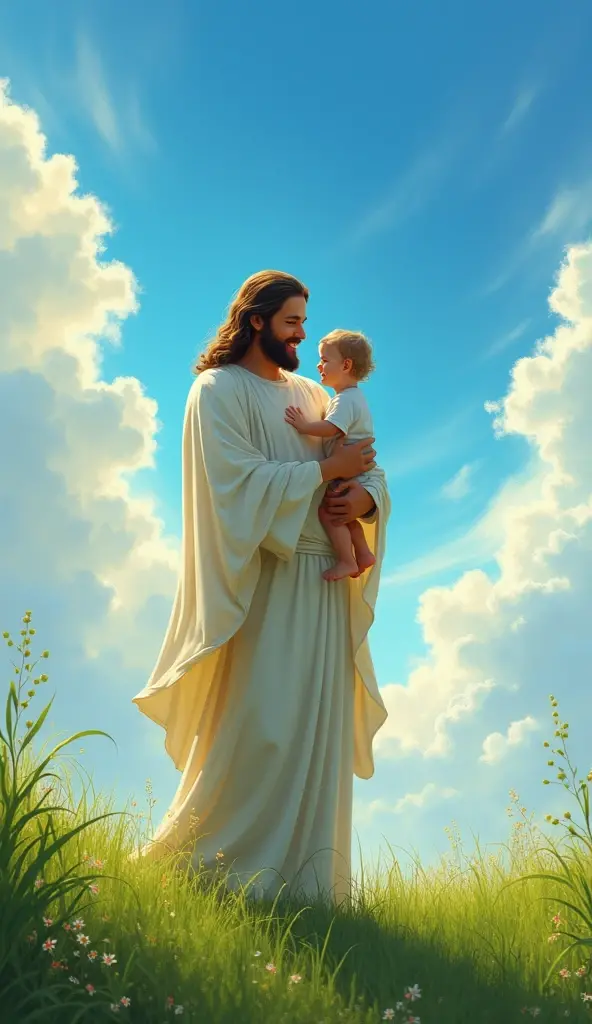 esus glowing in the middle of a vibrant field of flowers, holding a small child, clear blue sky with moving clouds above, ethereal, serene atmosphere, soft lighting, highly detailed, cinematic, masterpiece digital painting by Greg Rutkowsky and Thomas Kinkade, 8k resolution