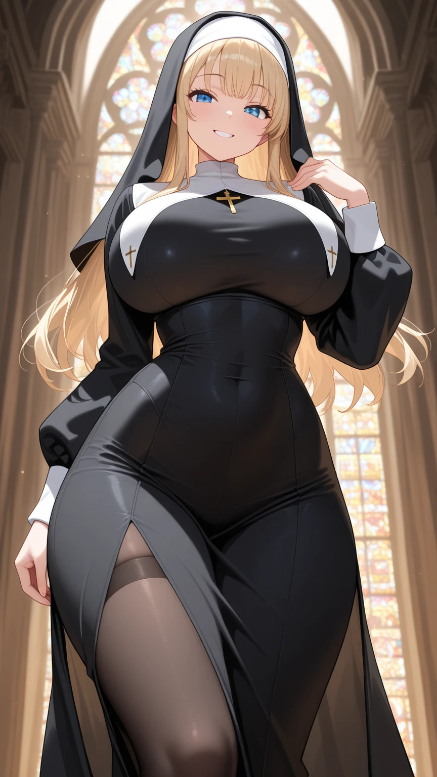 (masutepiece, Best Quality, High resolution:1.3),solo, large breasts, wide hips, cute face, blonde hair, milf, high detail, elf mother, black nun bandana, lace skirt, cleavage, white pantyhose, sweaty, wet clothes, see-through, Standing , Catholic church, (arms behind back)