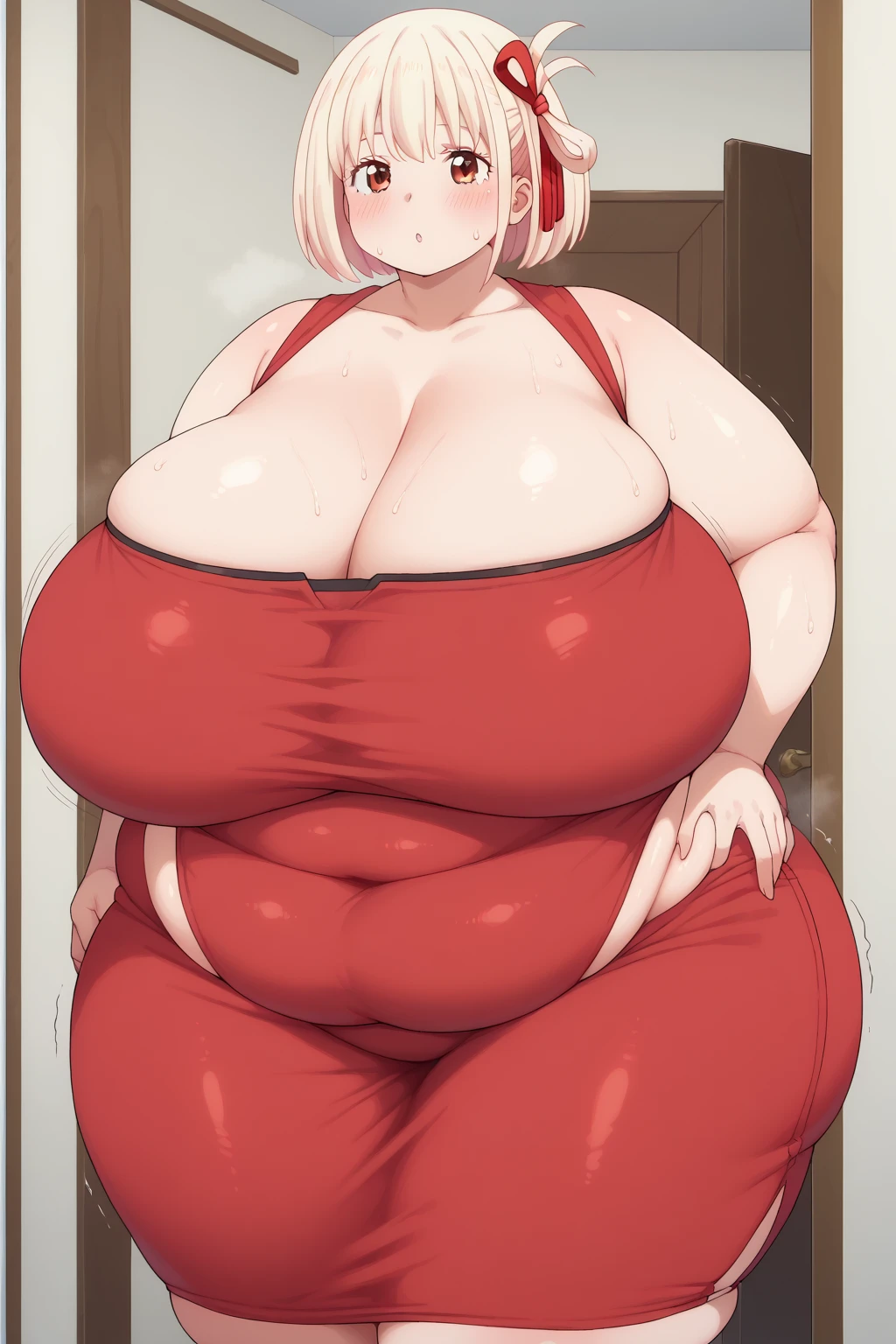 1 girls, (((bimbo))), pregnant, ((massive breasts)), huge butt, puffy lips, (plump lips), ((big lips)), blushing, nsfw, thick thighs, wide hips, ((nude)),collar, nipple bulge, glasses, pudgy, (love handles), ((leaning against doorframe)), embarrassed, heavy breathing, (close up)