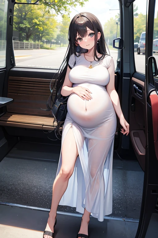 potrait of pregnant women, 23 years old, beautiful face, long hair, wearing office outwear, very horny, riding vibrator, playing nipple until wet in the car
