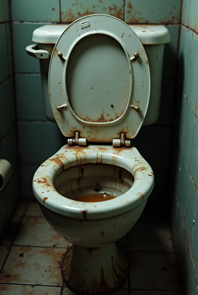 White toilet bowl burst due to diarrhea, with the lid open, stained with fecal matter, floor with fecal matter, in a toilet with light yellow tiles with fecal matter running down it, gloomy atmosphere, photographic quality