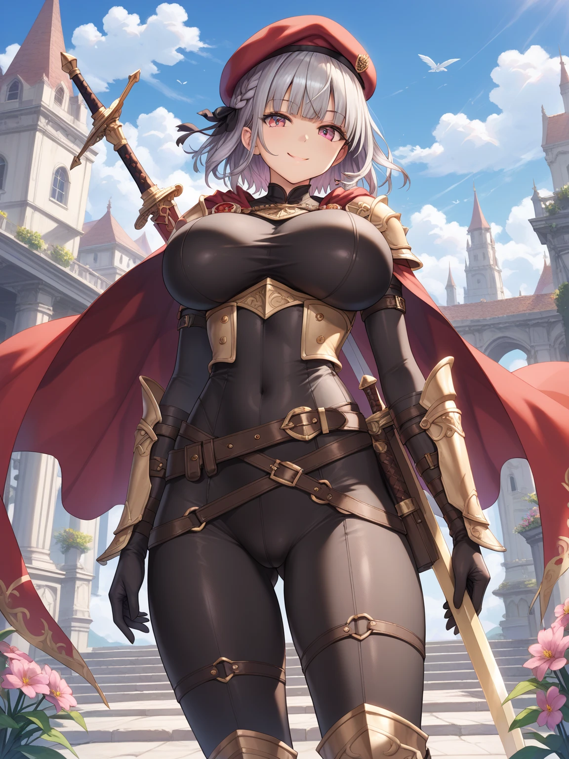 Masterpiece, Best Qulity, 1peafowl girl, perfect face, perfect body, perfect breasts, medium hair, purple hair, blue eyes, white leotard, cleavage, groin, highleg, highleg leotard, transparent, see-through, pauldrons, shoulder pads, (full white gloves), (armored gauntlet), (armored boots), tiara, capelet, waist cape, forest, day, standing, (full body), smile