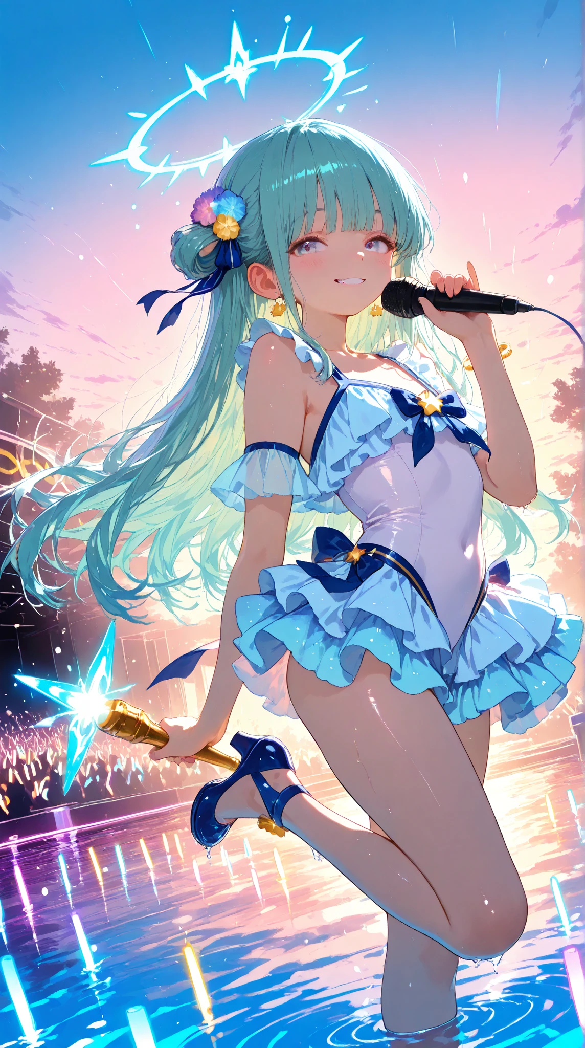 (masterpiece), best quality, long hair, ponytail, anime girl, young, skinny, sexy, beach , ((cyan miniskirt)), medium thighs, medium booobs, navel, g cup chest, (beautiful face) , seductive , white gloves, upper thighs, bare shoulders , good angle , (cyan hair) , firefly (honkai star rail), leaning , armpits, lifted skirt, windy