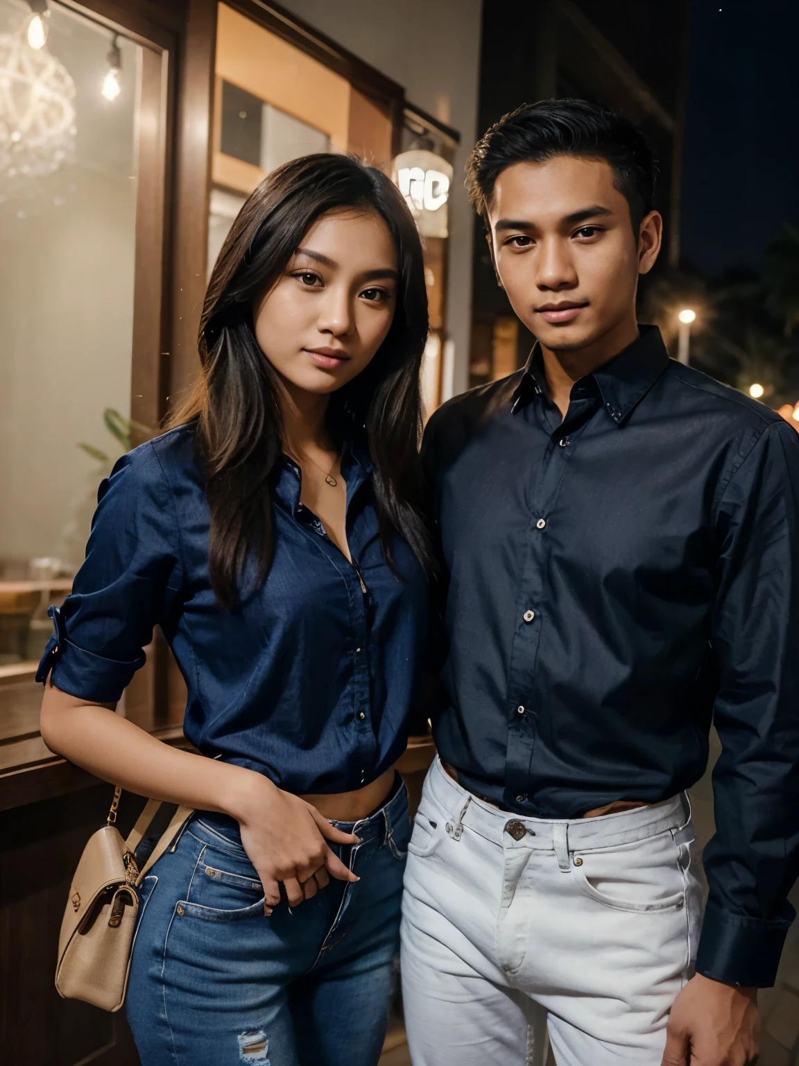 an Indonesian man and an Indonesian woman standing next to each other, an image, inspired by Adam Dario Keel, which is trending in the cg community, a handsome young Indonesian man with a beautiful young Indonesian woman in a blouse, blue highwaist skinny jeans, black tangled hair, movie screencap, model elissa jes from acquamodels, 8k, photorealistic
