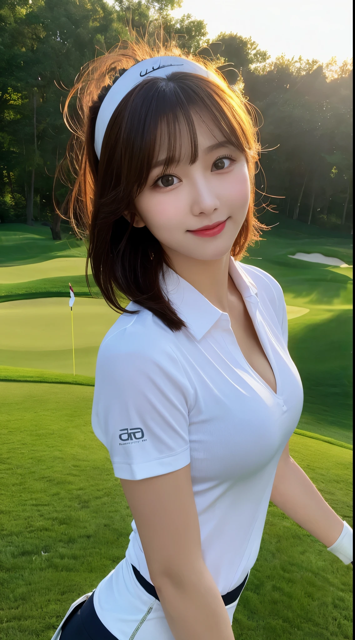 ((Best of the highest quality, 8k, Masterpiece, raw photo: 1.3)), Sharp focus: 1.2, (1 AESPA, slim body type female, 21 y/o: 1.1), (Solo: 1.2), (realistic, photo-realistic:1.37), face focus, cute face, finely eyes, (droopy eyes: 1.32), (Emphasize prominent aegyo-sal with bright: 1.2), shimmering eyeshadow applied under the lower lash line, paired with thick, (small breasts, flat chest, Thigh: 1.3), (short bob hair, bangs: 1.2), (polo shirt, panties, sun visor: 1.24), walking Golf course, sun light, flower,