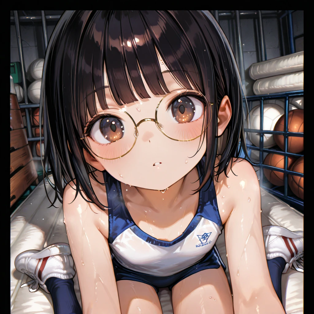8k、masterpiece、Japanese、Woman wearing glasses、anise、from the front、smile、Childish、Big Breasts、Transparent school swimsuit、night、Bedroom、Spread your legs and show、Pee leaks