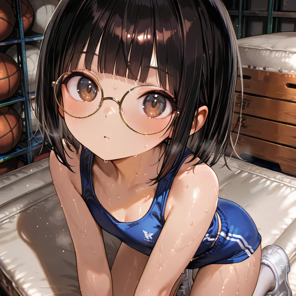 8k、masterpiece、Japanese、Woman wearing glasses、anise、from the front、smile、Childish、Big Breasts、Transparent school swimsuit、night、Bedroom、Spread your legs and show、Pee is yellow