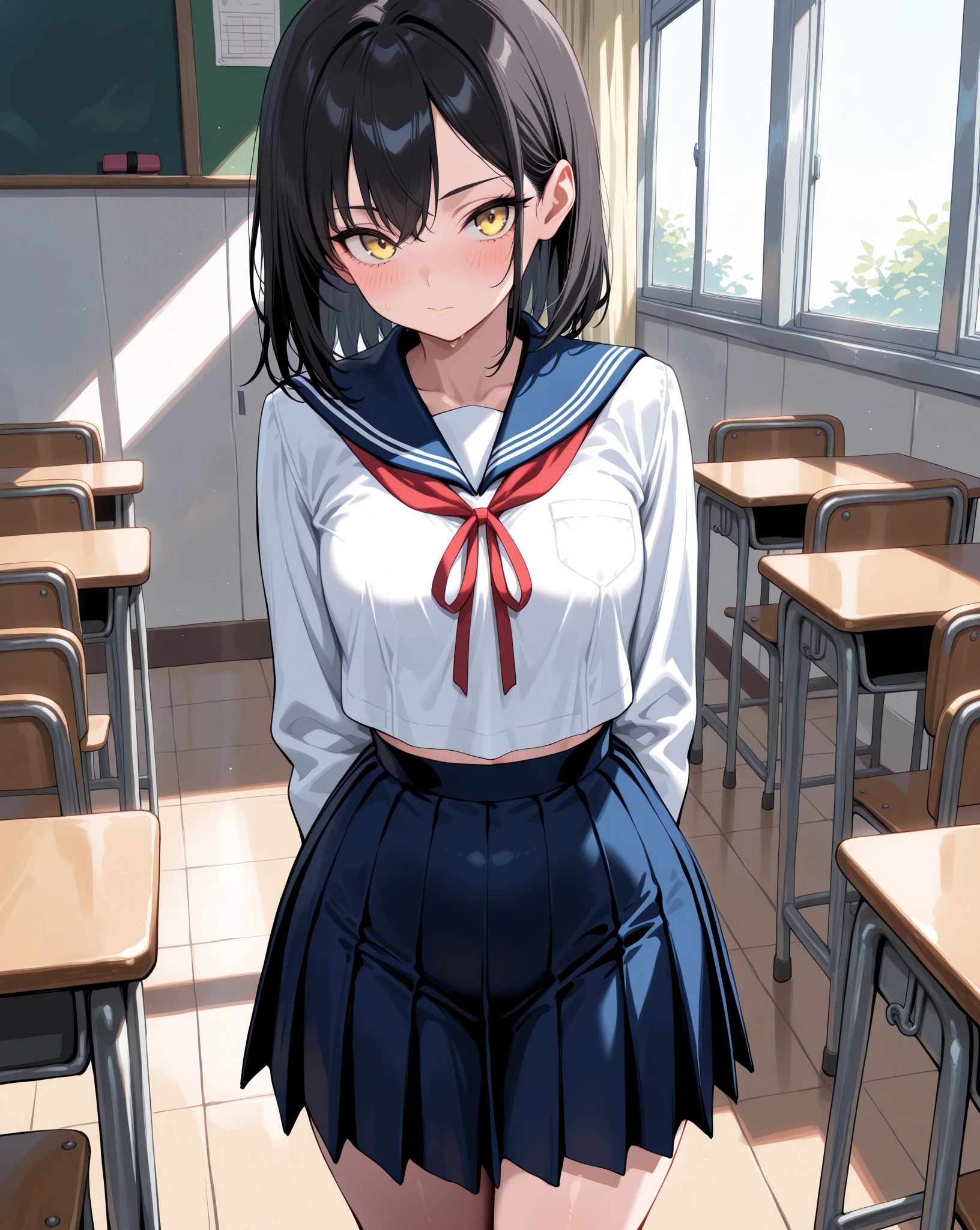 nsfw,alone, (One girl), Elementary school girl,, ((White panties)),ng only the top half of sailor school uniform), Sailor with un-folded hems, sexy, (Cowboy Sho ((Put your arms behind your head)), classroom, With a girl:Her hair is long and black, Her face is round and cute, Black Hair, Low twin tails, (Are standing),Shy, Embarrassing,(pussy cameltoe:1.0),