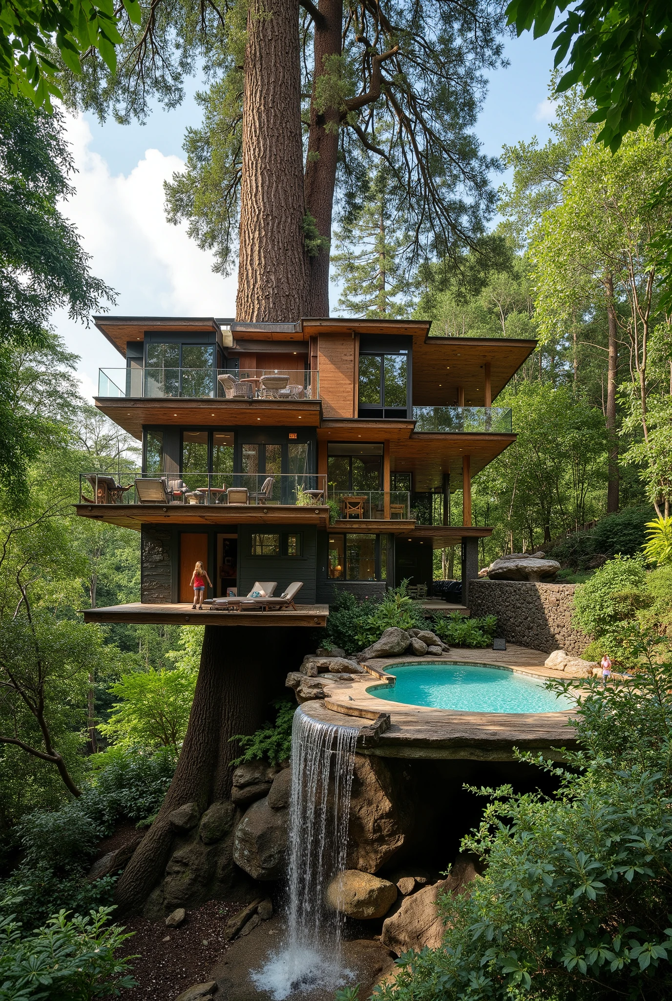 (treehouse:1.5),(巨木のレッドウッドの上にある巨大treehouse:1.5),(treehouse:1.5),(Modern 3-storey mansion standing on a giant tree:1.5)、There is a luxurious pool、(A waterfall cascades down from natural bedrock:1.5)、A girl is standing、(巨木のレッドウッドの上にある巨大treehouse:1.5)