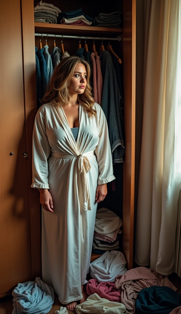 Laughing hysterically, sitting up straight, very happy, grandmother, Beautiful woman blond wavy hair wearing plain Sand Gildan 18000 Sweatshirt and washed jeans sitting in her room white Color - Heavy Blend Sweatshirt - Model Mockup - white background high - quality images 85mm Nikon D850 DSLR 8k