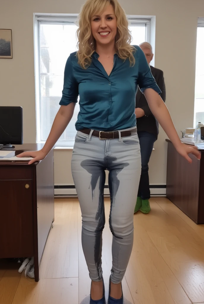 attractive tall blonde woman, skinny jeans, heels, ((peeing self)), show heels, standing in office, big smile,soaking wet clothing, jeans are wet with pee