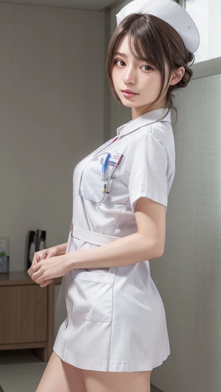 Alafed woman in white nursing uniform poses for photo,Ultra mini skirt、much shorter skirts、Sit so that you can see your panties.、Short skirts that look good on the thighs、Glossy appearance、Open your legs from side to side、Take a good look at your panties,、panthyhose、White panty、Beautiful camel toe、beautiful thigh、Beautiful facial features、poneyTail、 nurse girl, Nurse lab coat, close - fitting nurse costume, doctor, sakimichan, (doctor), White uniform, Yasumoto Oka