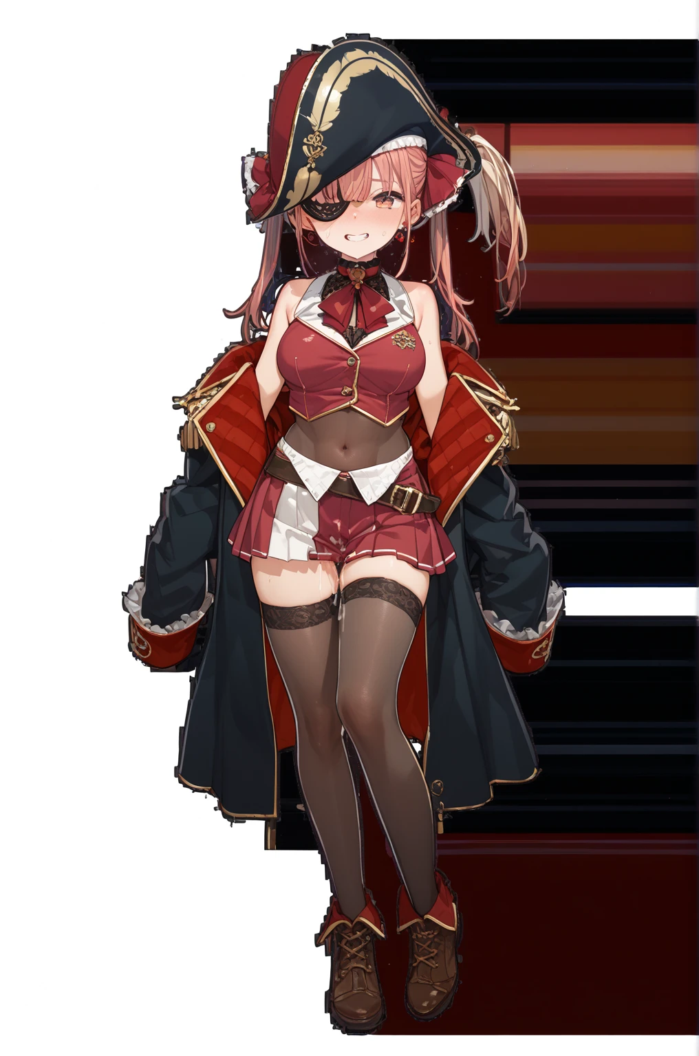 masterpiece, Highest quality, Absurd, Perfect Anatomy, houshoubase, One person, alone, Heterochromia iridis, Red eyes, Yellow Eyes, Twin tails, Long Hair, Hair Ribbon, Large Breasts, White gloves, Frilled Chalk, Red Ascot, leotard, leotard under clothes, Red jacket, Cropped jacket, Sleeveless jacket, Black coat, Off the shoulder, Diagonal, Red Skirt, mini skirt, Leather Belt, Black knee socks, Are standing, smile,Asleep in bed
