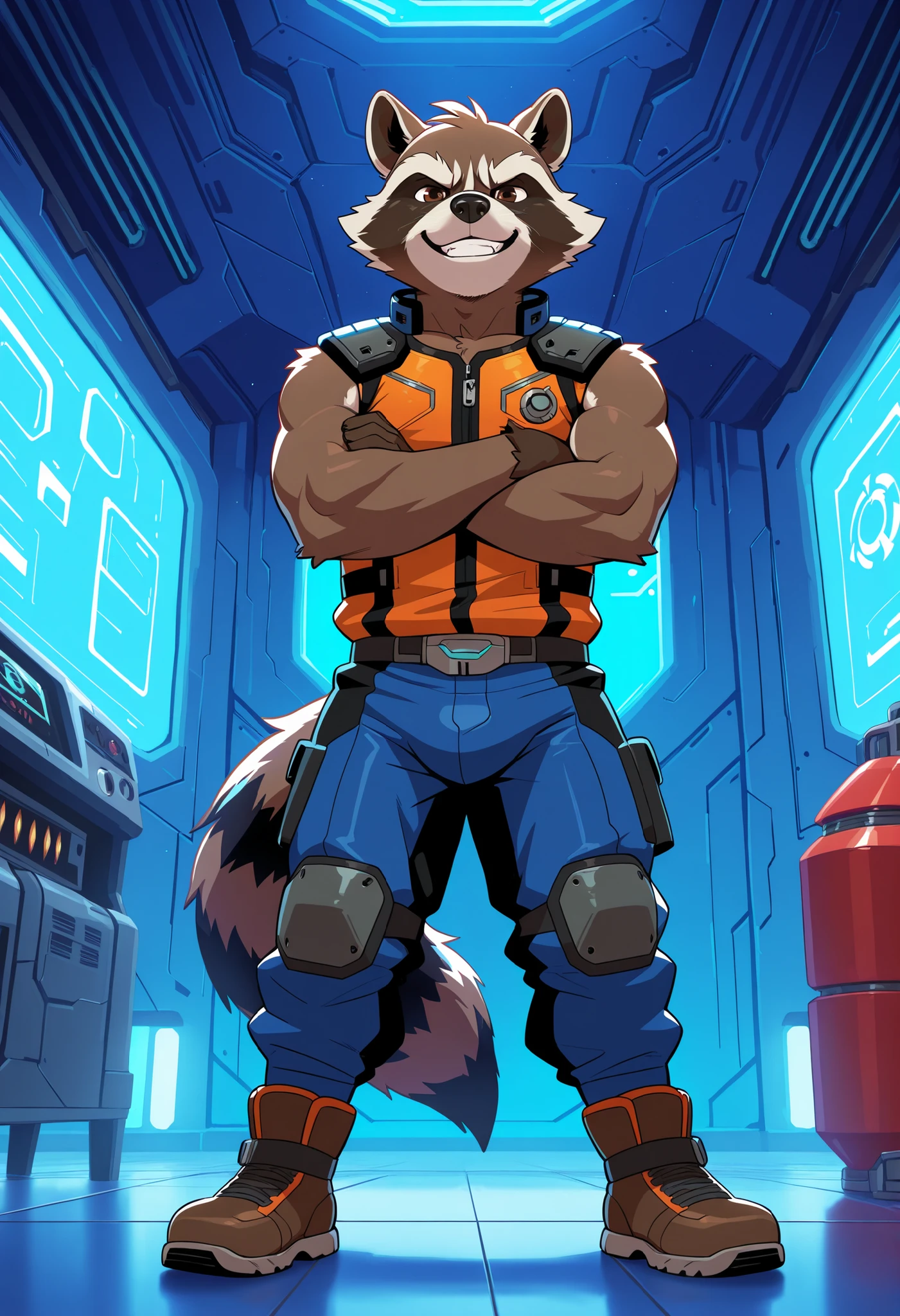 masterpiece, best quality, amazing quality, 1boy, solo, male, perfect eyes, Rocket Raccoon, muscular, bara, broad shoulder, orange top, indoors, sci-fi, smile, standing, arms crossed, full body, low angle