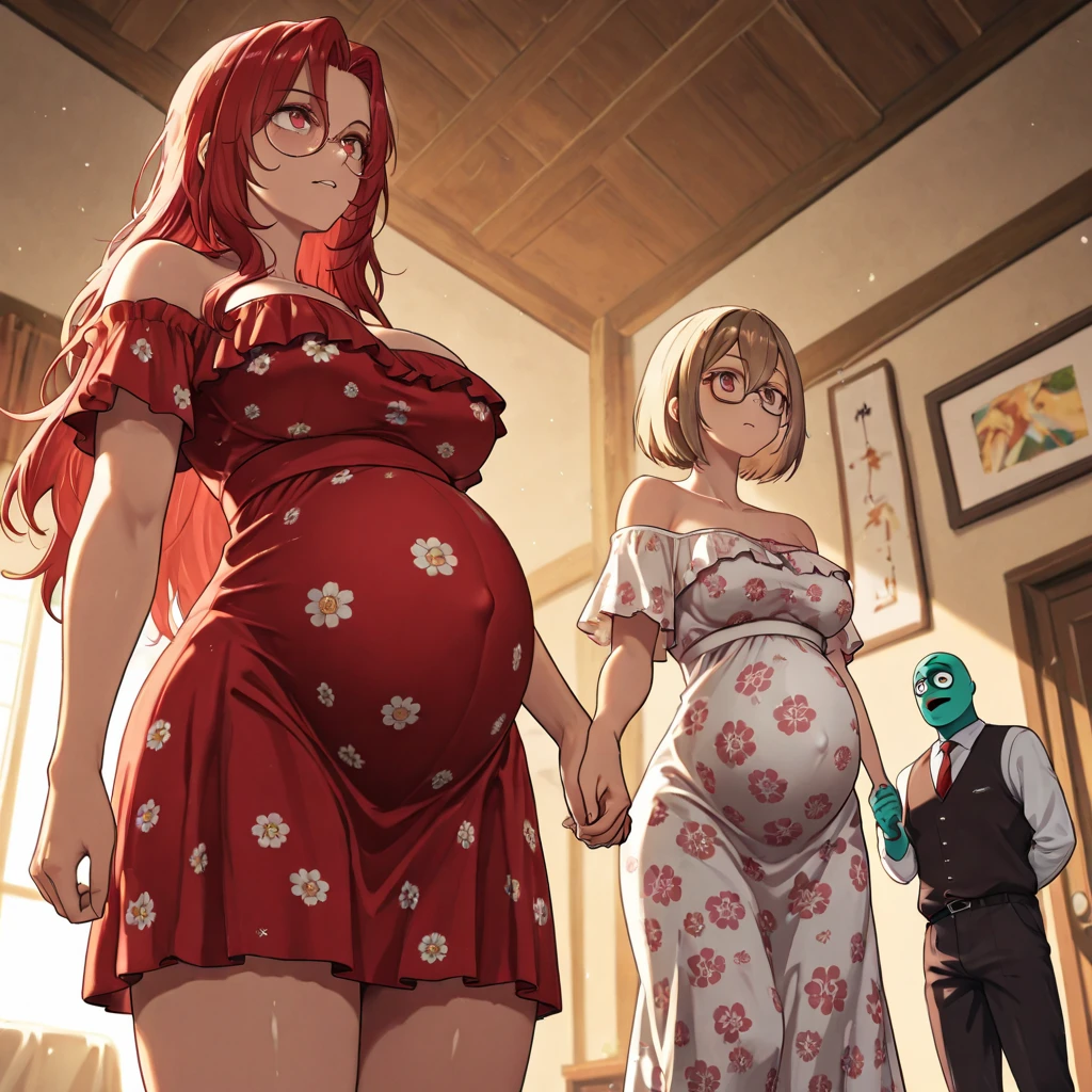(masterpiece, best quality, highly detailed), 1girls, big belly, huge belly, art by kipteitei, round belly, chubby, curvy, belly grab, enormous belly, fat belly, thicc, bigger belly, really big belly, jiggly belly, (pregnant), (very tired, exhausted), maternity clothes, glasses, barefoot, ((full body)), (grown up), ((millf)), flandre scarlet