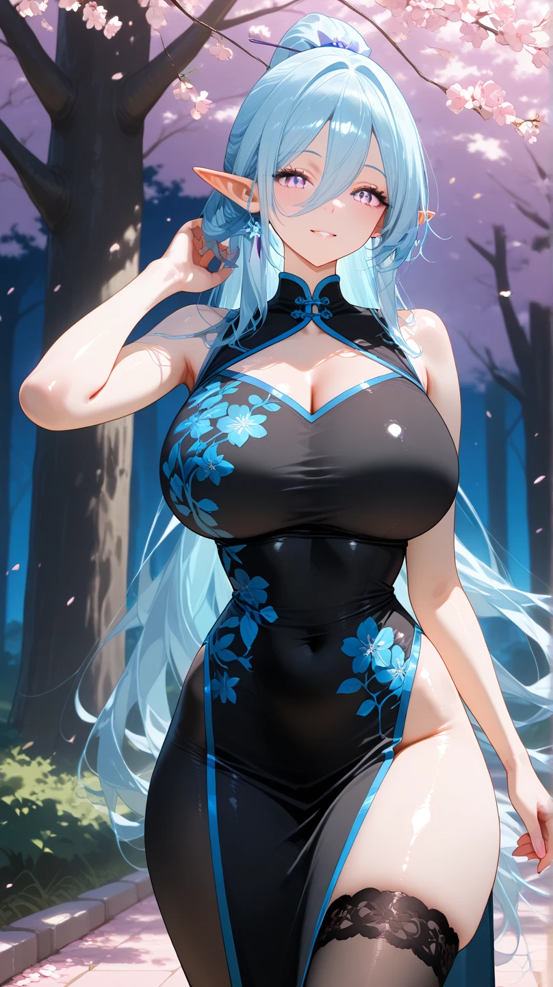 Anime, woman, long hair, pale blue hair, pink eyes, cool, earrings, big boob, wearing a black dress, beautiful, elegant, pure, fantasy, ice, snowflake, snow land,