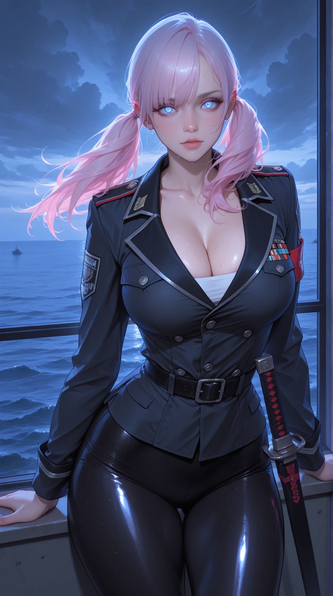 22 years old, (milf:0.8), (solo:1.5), (sfw:1.25), cute breast, beautiful breasts, medium tits, thin waist, big ass:1.0, Raised sexy, (beret, black jacket, open clothes, cleavage, midriff, black shorts, black thighhighs, thigh strap, fingerless gloves, single glove:1.2), blue eyes, light smile, big , Revimpling fabric, earrings, Hand gloves, detailed face,(smoking:1.3),long hair,side ponytail,hair between eyes,bangs,detailed and beautiful eyes,beautiful detailed lips,Rolling her eyes,manner,hair over one eye, (ultra high resolution, 8K RAW photo, photo realistics, thin outline:1.3, clear focus), best qualtiy, natural lighting, textile shading, blurry back ground, field depth, (Bright pupils, fine detailed beautiful eyes with highlight:1.3, high detailed face), Red lip, fine realistic skins:1.1, looking down viewers:1.3, (dynamic angle:1.3, front view:1.1, breast focus:1.3, from below:1.2), (dynamic posing:1.5, sexy posing:1.2),Youghal, side lock, hair ornaments, hair band,nice,garden background,artistic rendering,Super detailed,(highest quality,4k,8K,High resolution,masterpiece:1.2),Bright colors,studio lighting