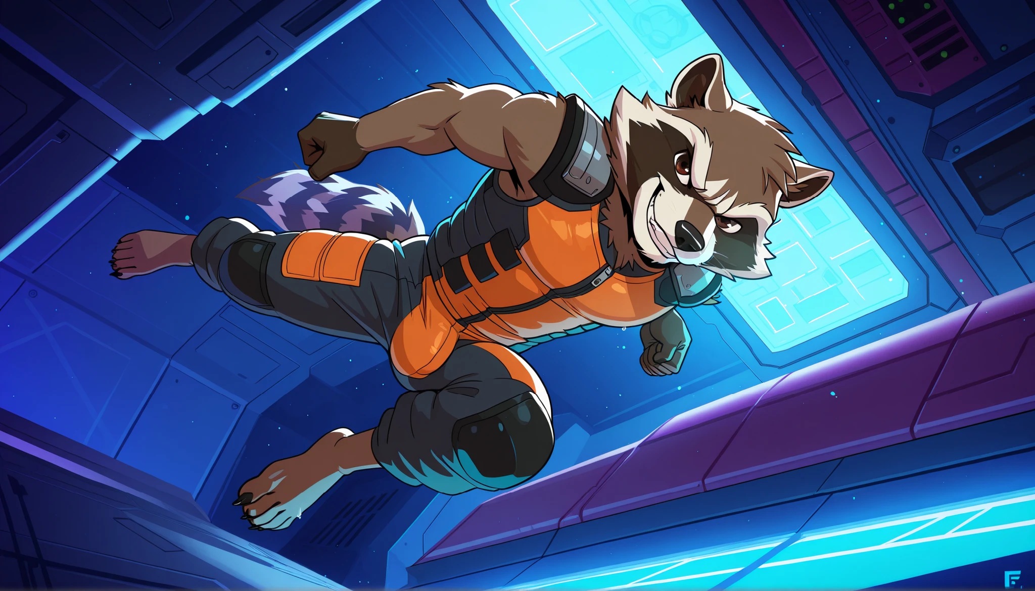 masterpiece, best quality, amazing quality, 1boy, solo, male, perfect eyes, Rocket Raccoon, muscular, bara, strong, orange top, indoors, sci-fi, smile, dynamic pose, full body, dynamic angle