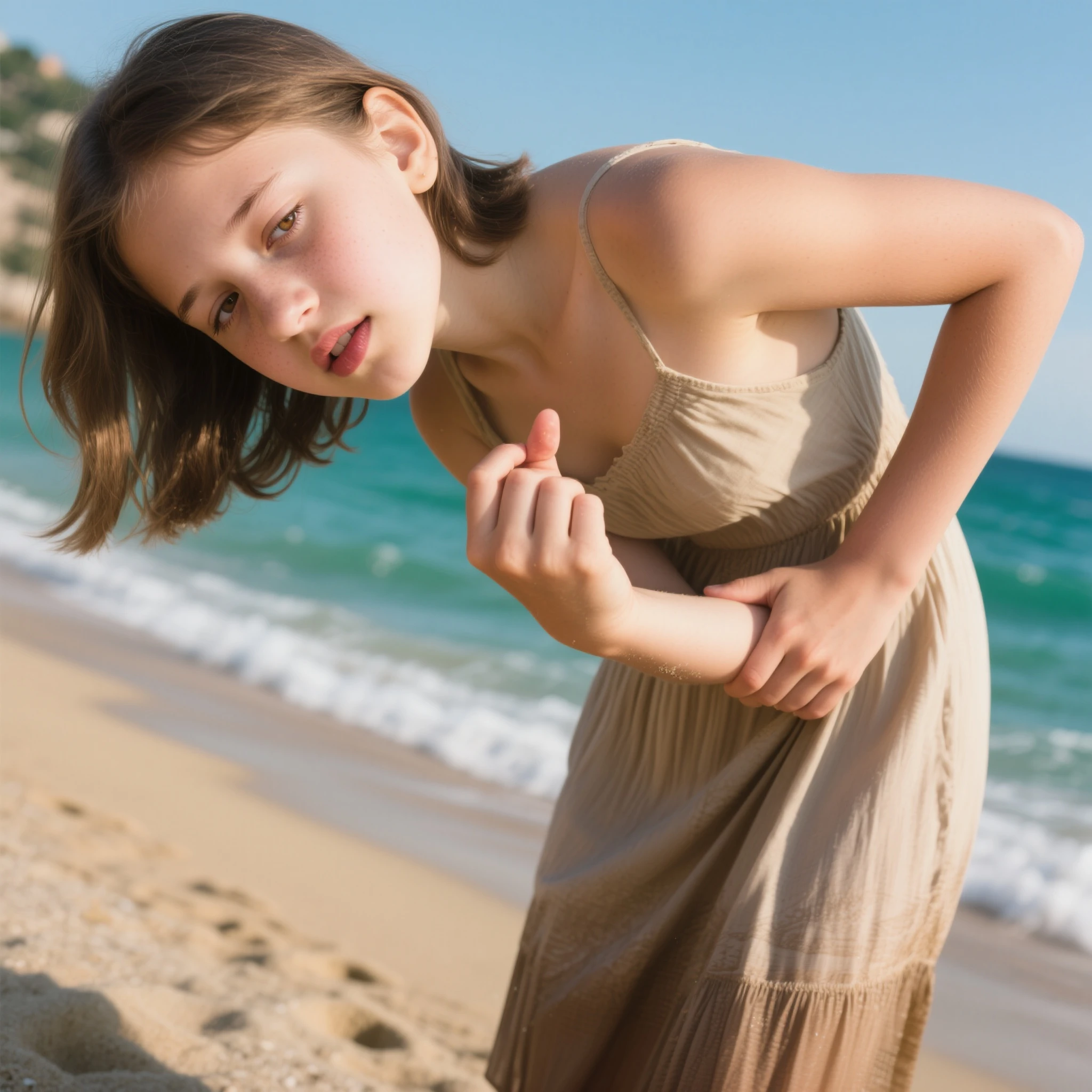 A little girl playing on the beach, realistic photo, extreme close-up, 50mm, Canon, no watermark, strong expression, highly realistic, natural style