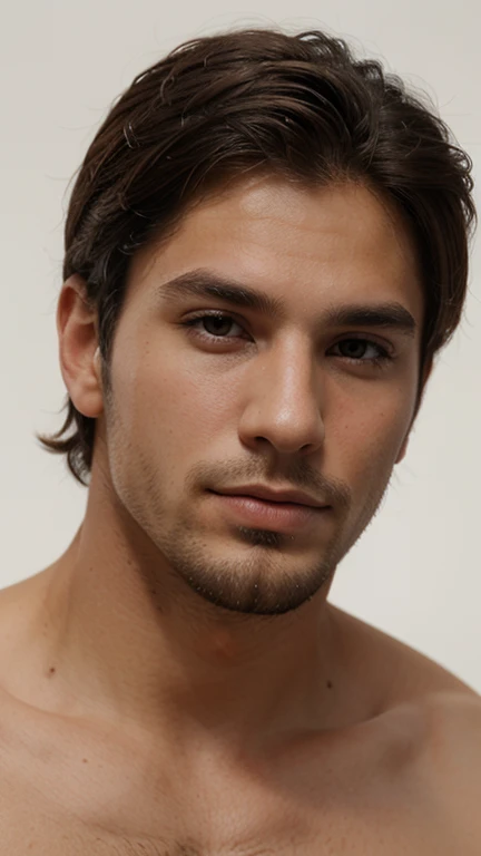 portrait of a very handsome young man with short hair with a blowout type, black curly hair, typical Italian, he has no expression on his face, he does not smile, he does not
of beard, the portrait was taken in a photo studio, the background is entirely white