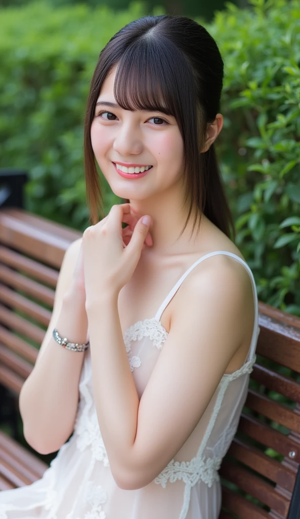 (8K, Raw photo, highest quality, masterpiece:1.5), Super detailed, ultra high resolution, 8k wallpaper, huge file size, (realistic, realistic Photo:1.37), Beautiful girl very knowledgeable, highly detailed face, very fine eyes, very fine skin, very fine fingers, very small nose, Highly detailed detailed mouth, highly detailed background, very detailed costume, perfect anatomy, Anatomically perfect hands, (whole body from thighs:1.8), (1 person), 25歳の日本のbeautiful actress, (young face), (perfect body:1.1), pure erotic face, slender body, slender body shape, The beauty of slim abs, Fair skin, glowing skin, ruddy skin, long and thin legs, light brown delicate soft hair, feminine adult french bob, layer cut, (dull bangs:1.2), natural smile, beautiful teeth, beautiful small face, realistic face, beautiful actress'natural makeup, eyes with long eyelashes, charming brown eyes, Plump and glossy pink lips, My cheeks turned red, necklace, earrings, beautiful and detailed eyes, very fine skin, well-shaped small breasts, Cute little pink areolas, plump ass, ((Sheer blouse with green sequins and open neckline, floor skirt, Completely naked, I can see your nipples)), Illuminated tree-lined avenue, Walk happily, ((have a beautiful bouquet, great atmosphere)), tilt your head a little, Shot from a distance from the front, dynamic lighting