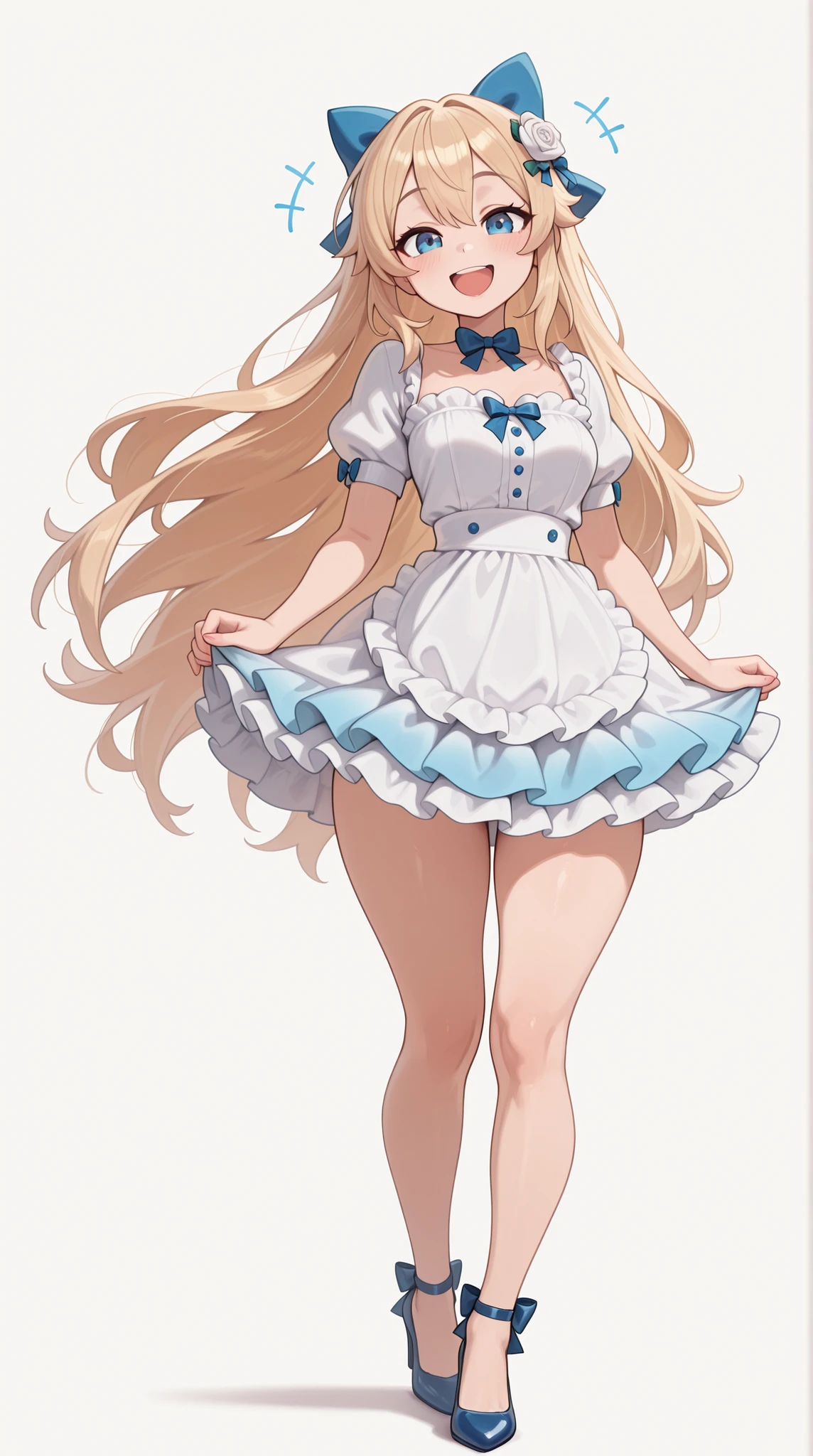 (masterpiece, best quality), amazing quality, very aesthetic, newest, hyper-detailed, solo, full body, 1girl, :d, looking at viewer, blue eyes, (very long hair), blonde hair, bowtie, hair bow, (frilled dress), gradient dress, frills, puffy short sleeve, collarbone, hair ornament, high heels, standing, white rose, white background, absurdes