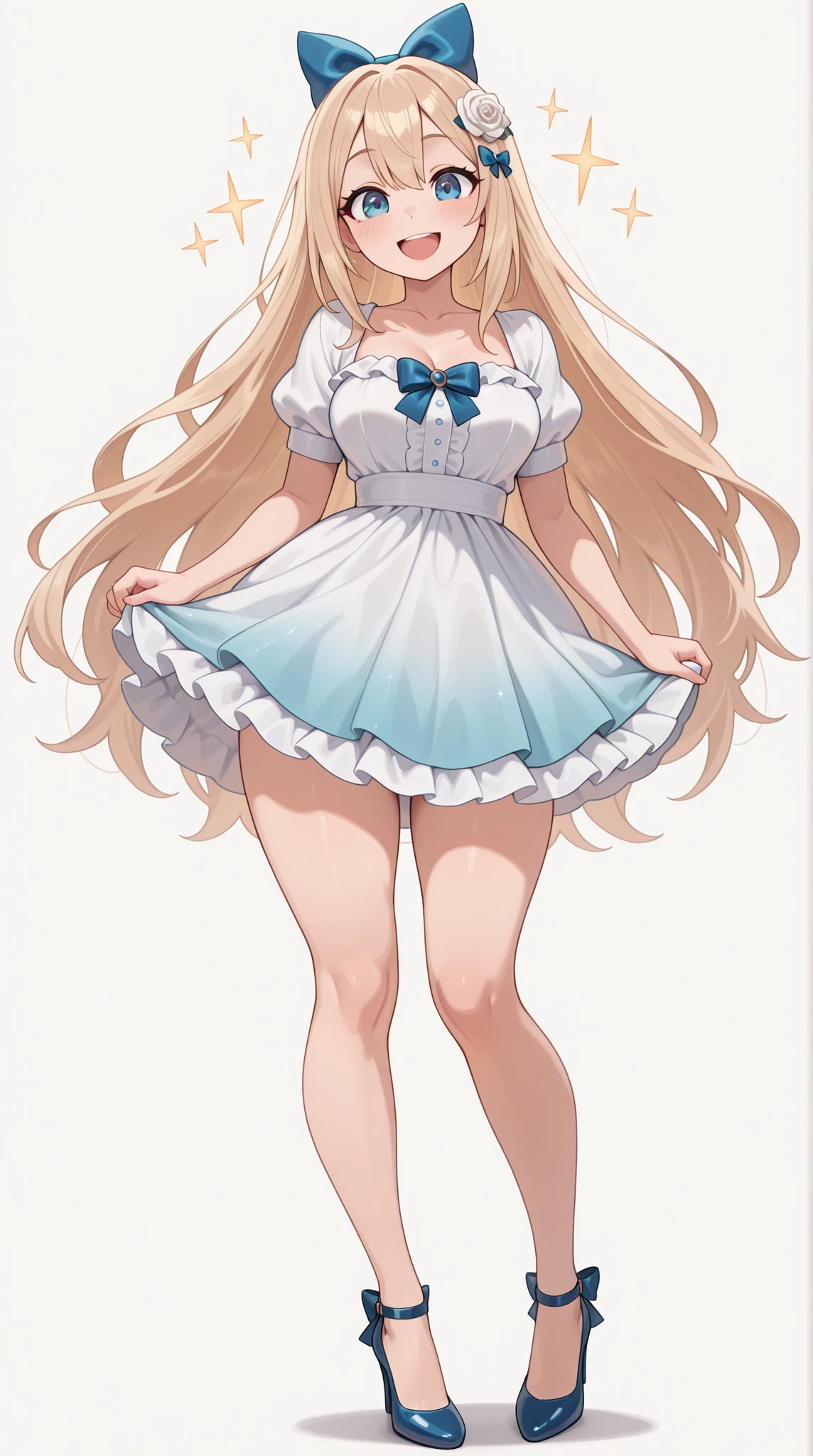 (masterpiece, best quality), amazing quality, very aesthetic, newest, hyper-detailed, solo, full body, 1girl, :d, looking at viewer, blue eyes, (very long hair), blonde hair, bowtie, hair bow, (frilled dress), gradient dress, frills, puffy short sleeve, collarbone, hair ornament, high heels, standing, white rose, white background, sparkle, absurdes