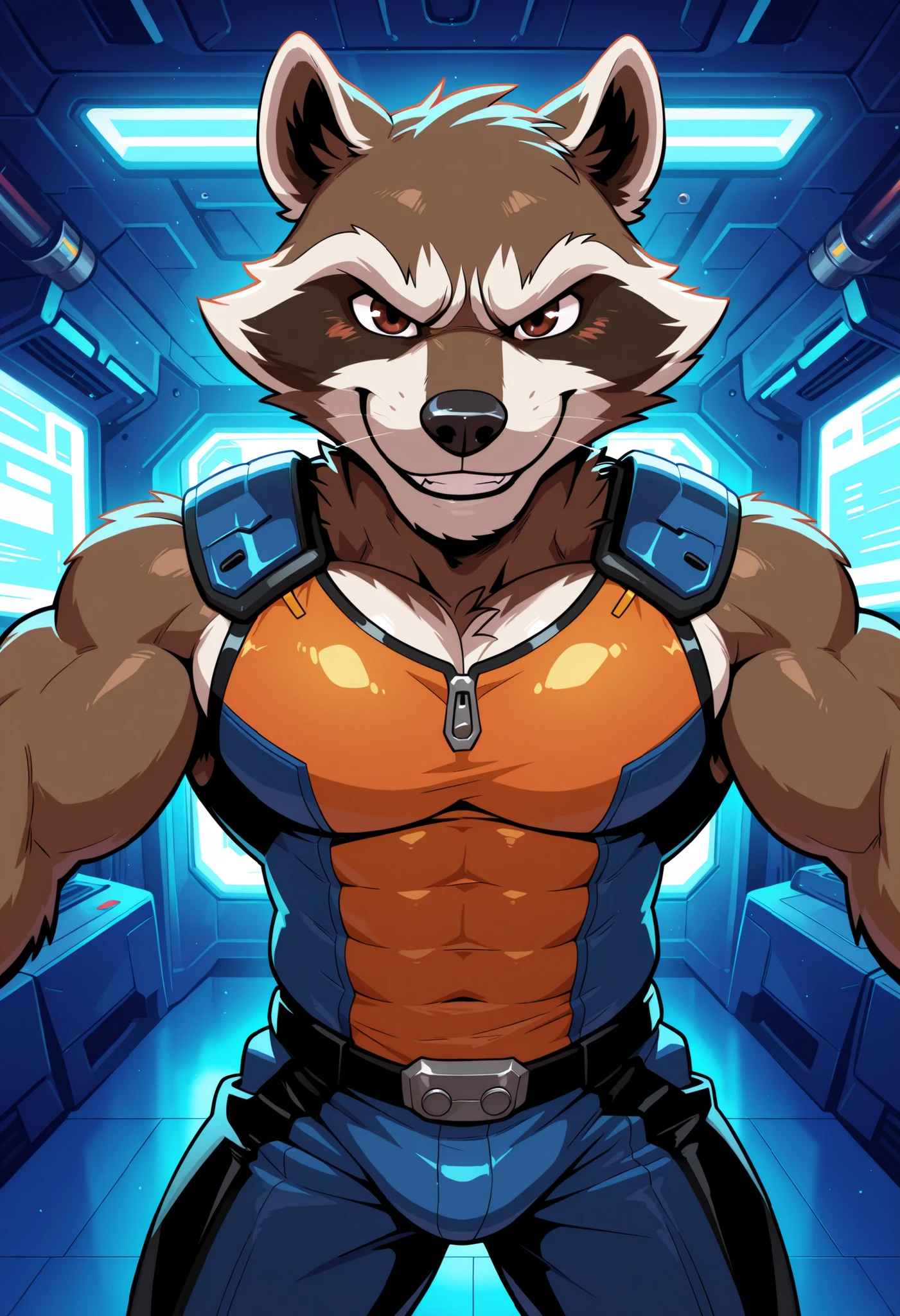 masterpiece, best quality, amazing quality, 1boy, solo, male, perfect eyes, Rocket Raccoon, muscular, bara, broad shoulder, big pecs, abs, orange top, indoors, sci-fi, smile, dynamic pose, dynamic angle