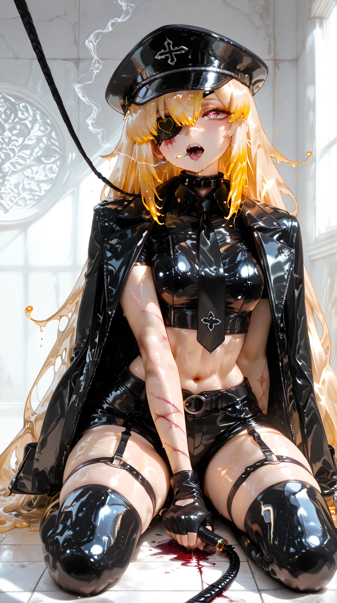 Blonde Japanese Mature、Gal、Female Combatant、Close-up of a girl in black bondage、Black Leather Shiny Bondage、Black fishnet stockings、Black shiny boots、black bondage mask、Black rose corsage on head、Saiyan Girl, wonderful, Nano Girl, Female body type, Inspired by Hiromu Arakawa, Anime Manga Robot!! Anime Girls, fubuki, Full Body Suit, by Hiromu Arakawa、wonderful, silk, Beautiful and attractive anime , Anime Girls of the future, tears,Drooling,Pee,incontinence,Peeing、Estrus、Eyes wide open,Estrus,Blushing,Nipples are erect,Face is hot、Lust、incontinence、Thick armpit hair、Thick pubic hair、Nipples are erect、Sweaty、wet、Pubic hair from panties!、Armpit to armpit hair!Doomsday Demon、Anguished expression、 pop out、Overflowing with pubic hair、Drooling、My crotch is wet、The crotch cleft is clear、The clitoris is visible、incontinence、White Semen