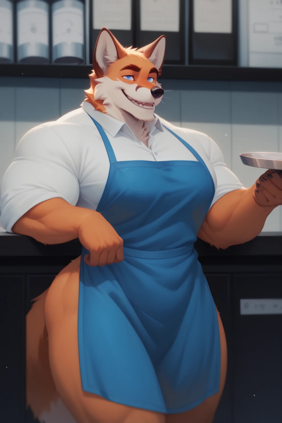 Very_muscular_mature_doberman female dark_brown_two-tone_furry_body brown_eyes milf cooking_apron kitchen wife solo Masterpiece best_quality absurdres highly_detailed cleanly_drawn_eyes anthro_only large_breasts by_claweddrip, by_greasymojo, by_underscore-b, by_runawaystride