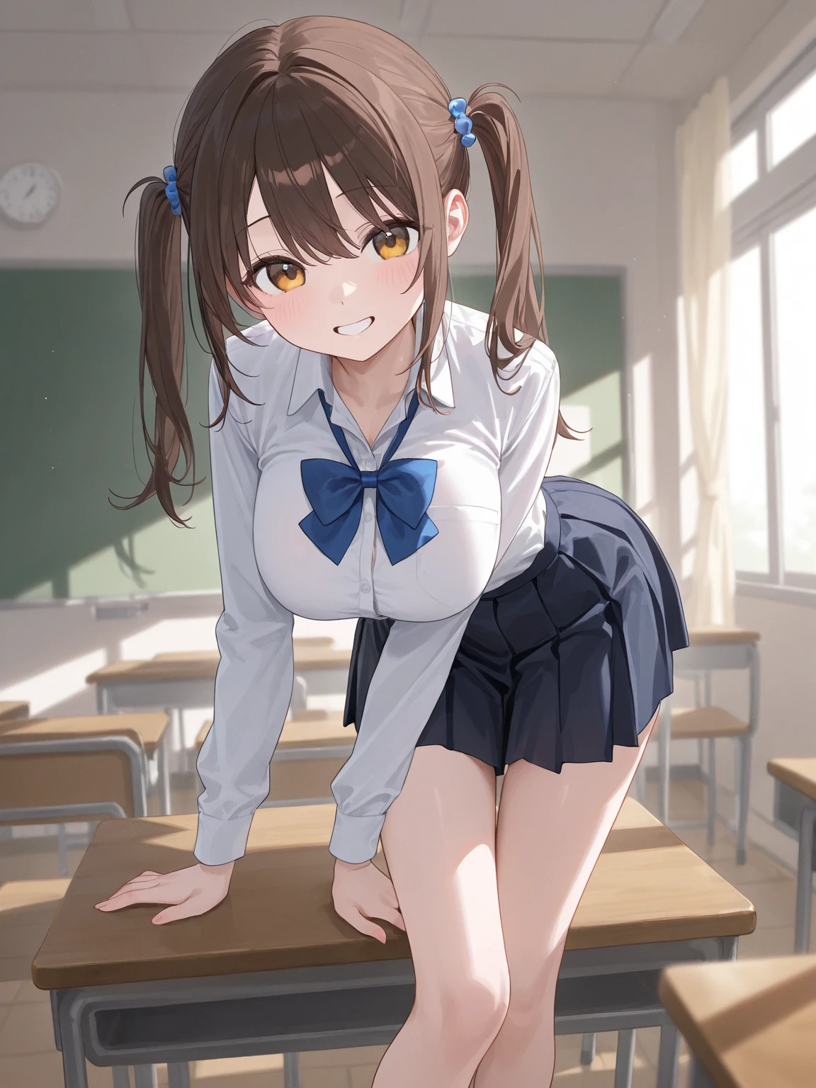 ((masterpiece)), ((best quality)), (ultra-detailed), ((kawaii)), cute, (lovely), ((sexy)), (ero), ((extremely detailed)), 4K, (8K), best quality, (beautiful), anime style, dynamic angle, full body focus, in the classroom, a cute girl, 1girl, solo, sailor suit, beautiful light brown hair, ((beautiful eyes)), short hair, buttocks, large breast, ashamed, shiny-glistening, gleaming.nsfw