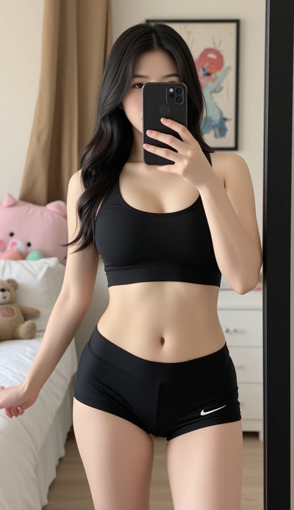 Young woman, korean, Korean idol, idol make up, brunette, bangs, pale skin, very long straight hair, idol face, unbelievably beautiful face, big lips, ((large breasts)), ((thin waist)), ((very wide hips)), ((loose tank-top)), ((panties)), full body, domestic setting, sweet smile,