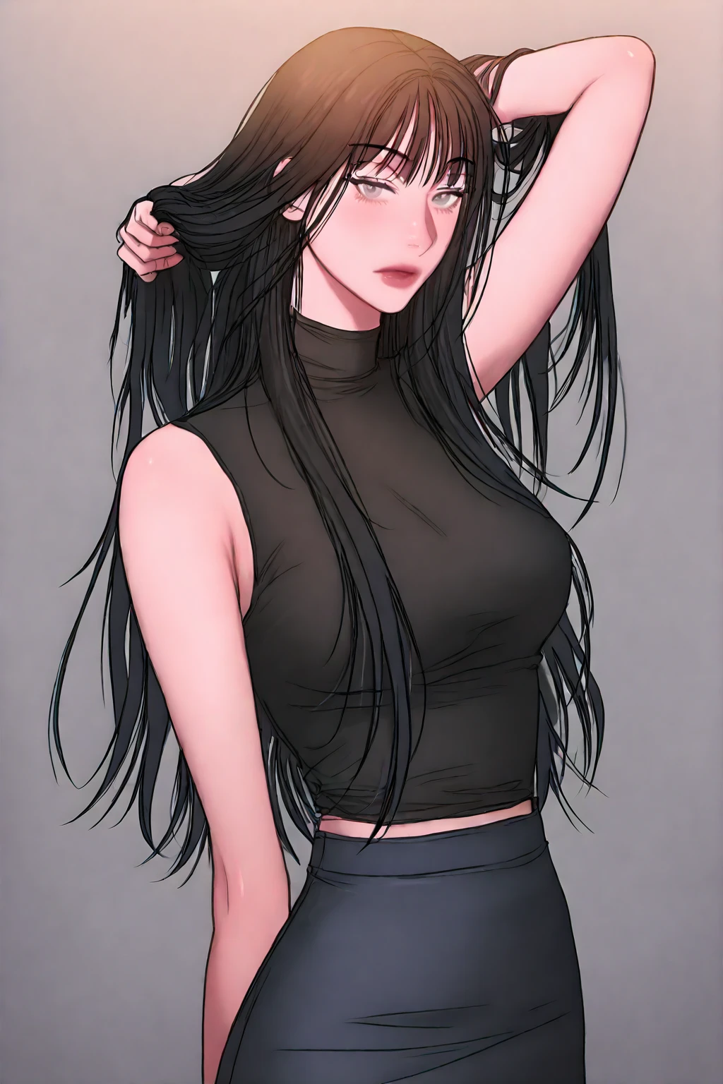 (masterpiece), 1girl, solo, best quality, expressive eyes, perfect face, retro artstyle, (pale skin), very long hair, forehead messy hair, black hair, large breasts, slim body, young woman BREAK black tank top BREAK blue jeans BREAK open mouth, light smile, red eyes BREAK standing, white background, simple background